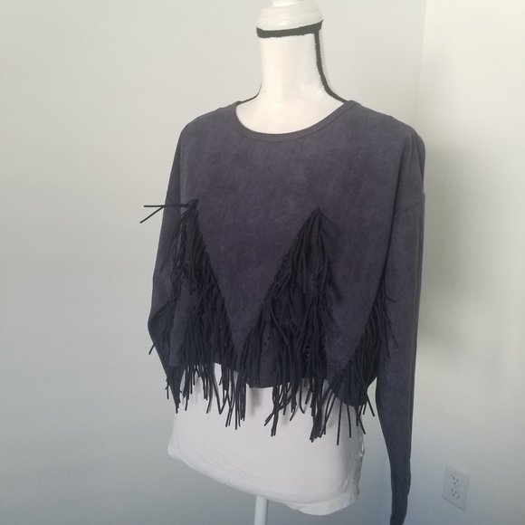 Market Cropped Blue Suede Top Sz Large - Picture 2 of 13